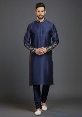 Navy Blue Embroidered Silk Kurta Set For Men