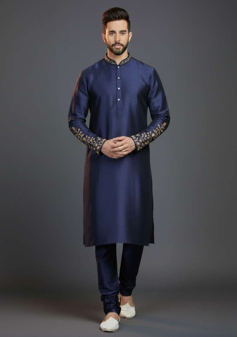 Navy Blue Embroidered Silk Blend Kurta Set For Men - Indya