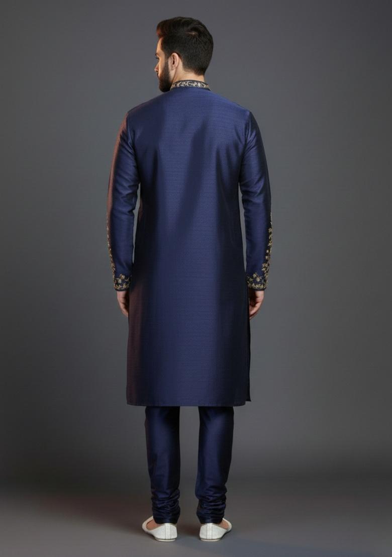 Navy Blue Embroidered Silk Kurta Set For Men - Indya