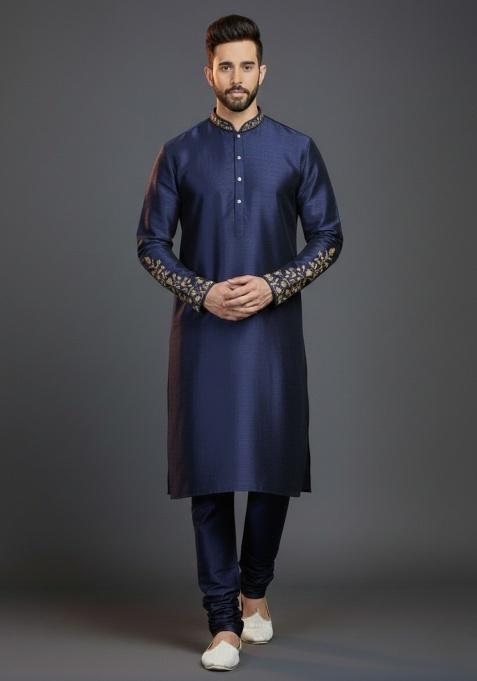 Navy Blue Embroidered Silk Kurta Set For Men