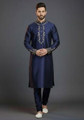 Navy Blue Embroidered Silk Kurta Set For Men