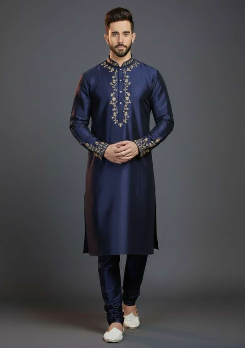 Navy Blue Embroidered Silk Blend Kurta Set For Men - Indya