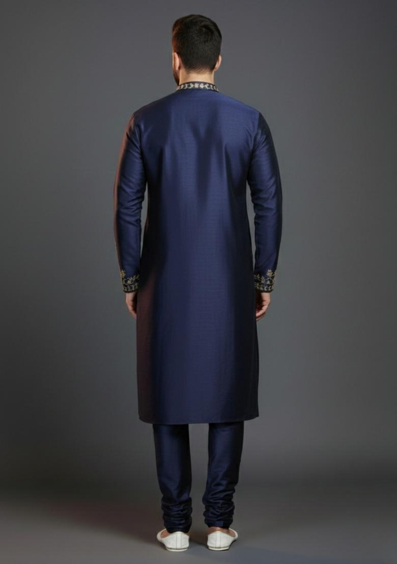 Navy Blue Embroidered Silk Kurta Set For Men - Indya