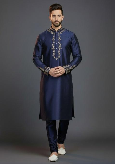 Navy Blue Embroidered Silk Kurta Set For Men