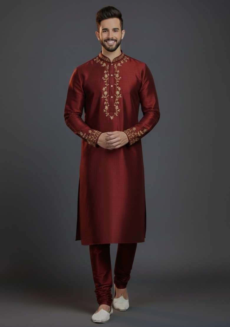 Maroon Embroidered Silk Blend Kurta Set For Men - Indya