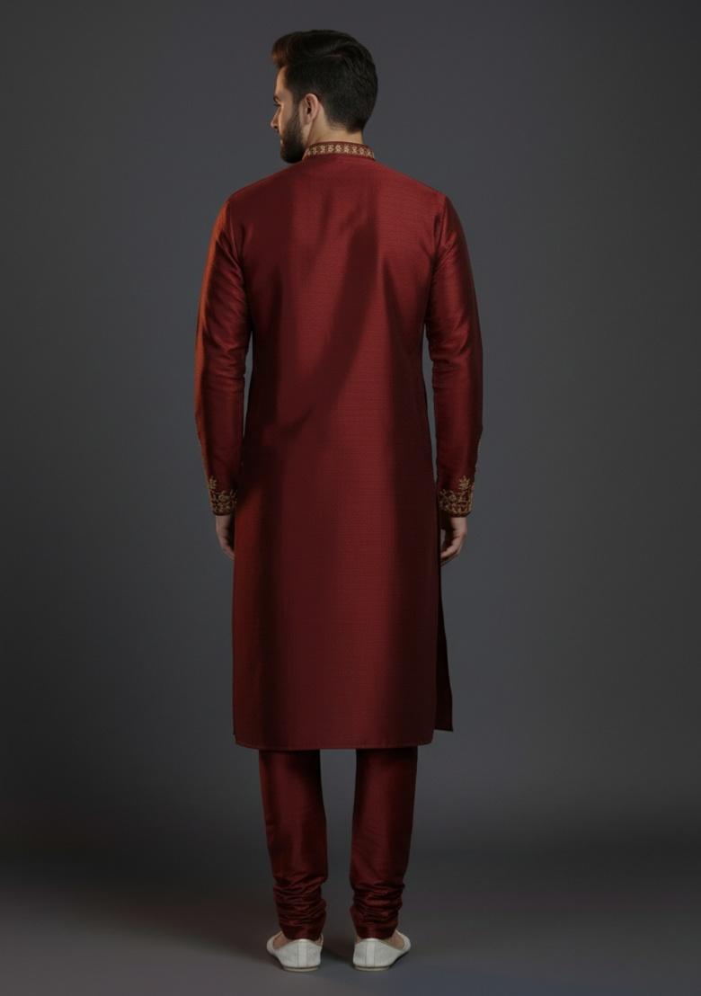Maroon Embroidered Silk Kurta Set For Men - Indya