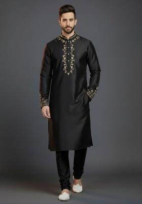 Black Embroidered Silk Kurta Set For Men