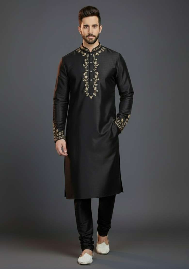 Black Embroidered Silk Blend Kurta Set For Men - Indya