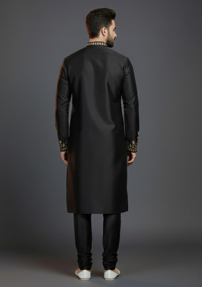 Black Embroidered Silk Kurta Set For Men - Indya