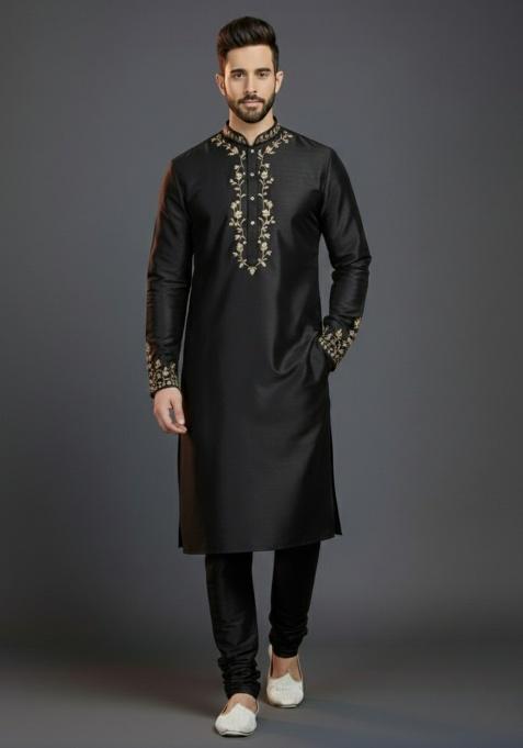 Black Embroidered Silk Kurta Set For Men