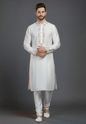 White Embroidered Silk Kurta Set For Men