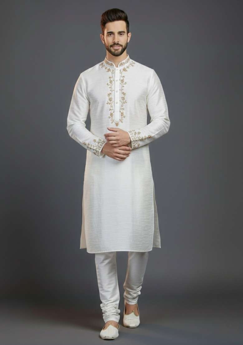 White Embroidered Silk Blend Kurta Set For Men - Indya