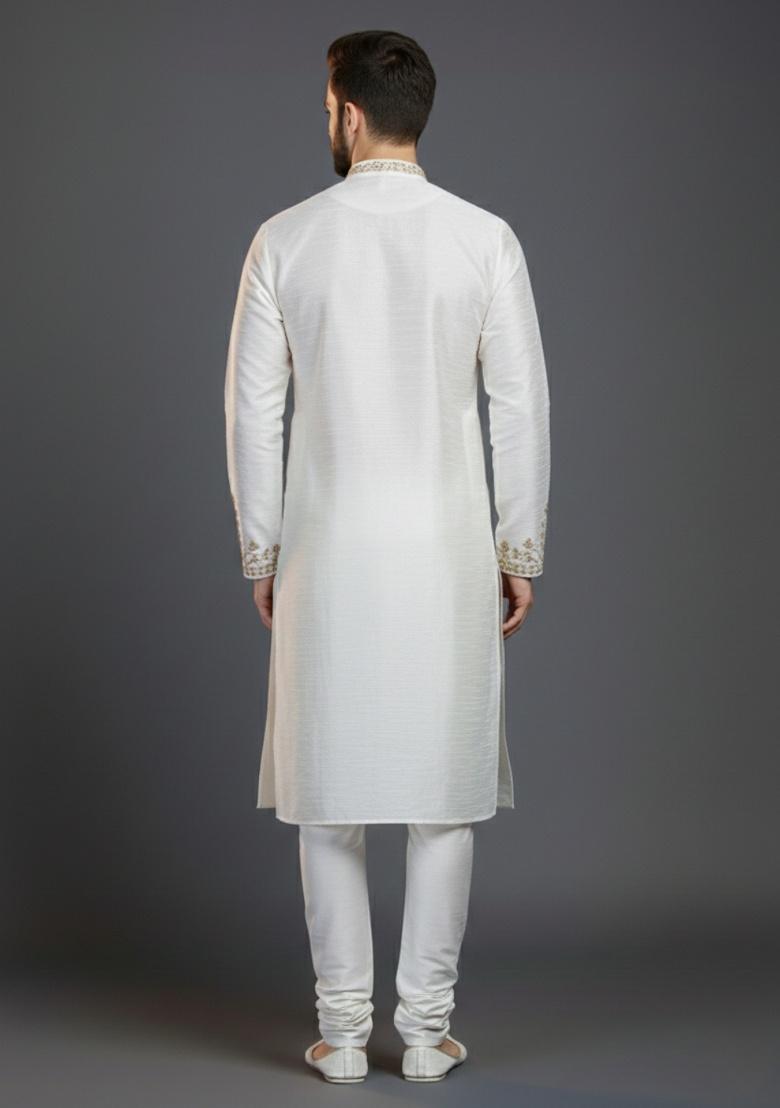 White Embroidered Silk Kurta Set For Men - Indya