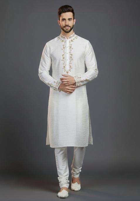 White Embroidered Silk Kurta Set For Men
