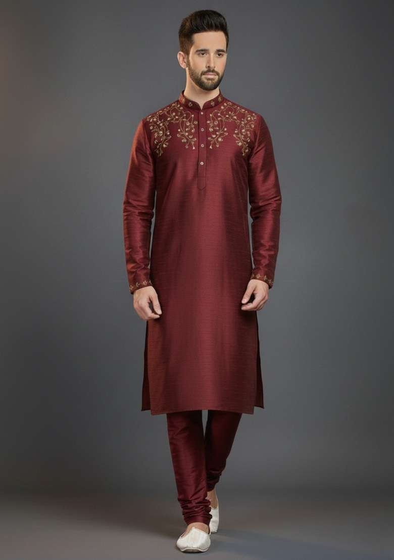 Maroon Embroidered Silk Blend Kurta Set For Men - Indya