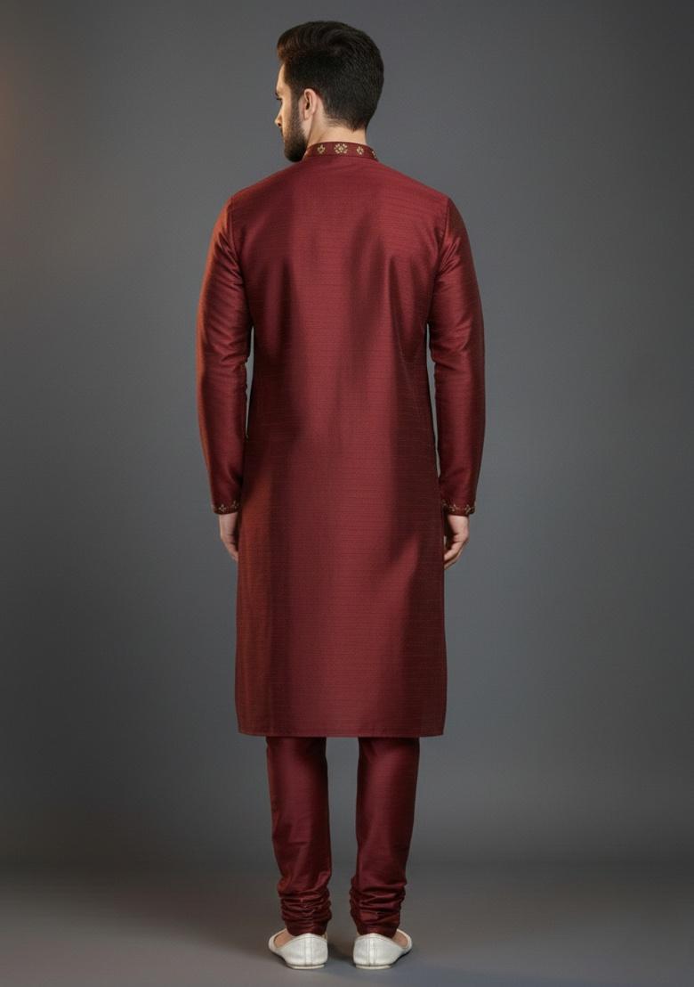 Maroon Embroidered Silk Kurta Set For Men - Indya