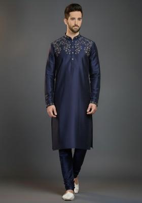 Navy Blue Embroidered Silk Kurta Set For Men