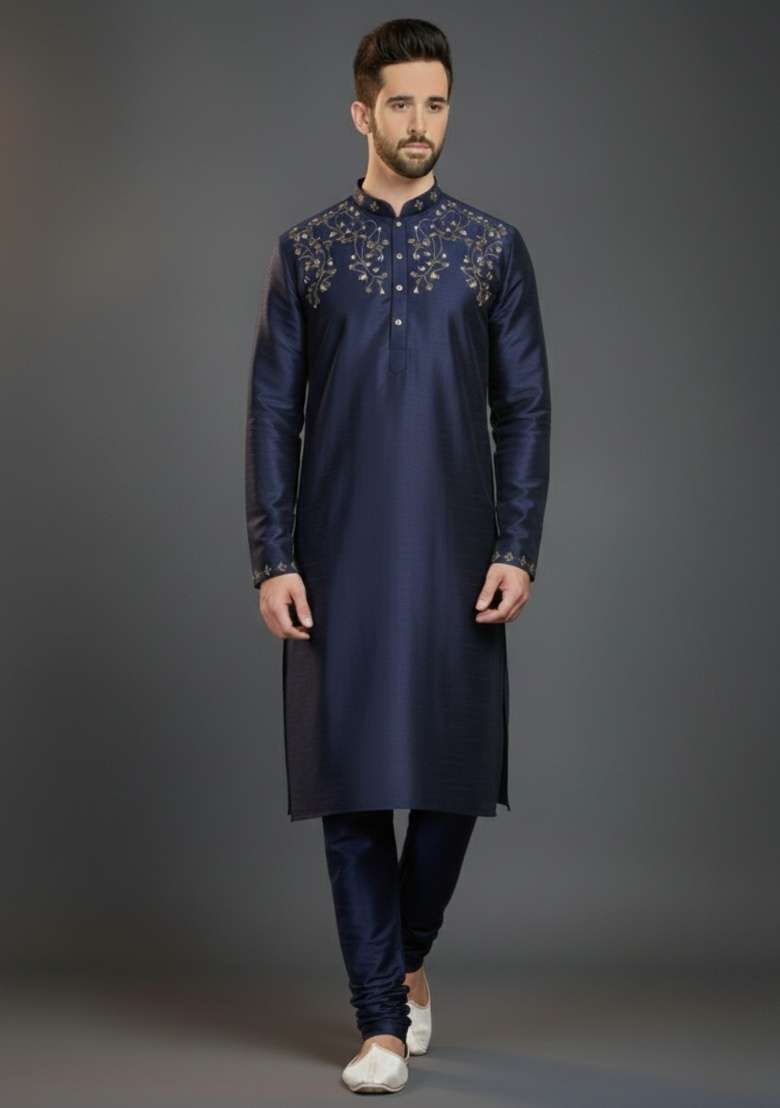 Navy Blue Embroidered Silk Blend Kurta Set For Men - Indya