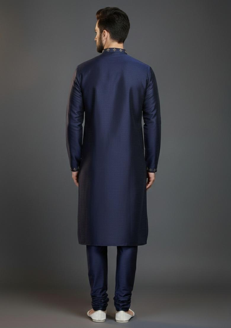 Navy Blue Embroidered Silk Kurta Set For Men - Indya