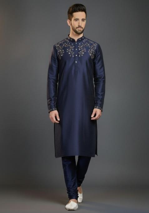Navy Blue Embroidered Silk Kurta Set For Men