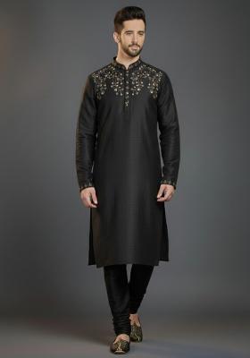 Black Embroidered Silk Kurta Set For Men