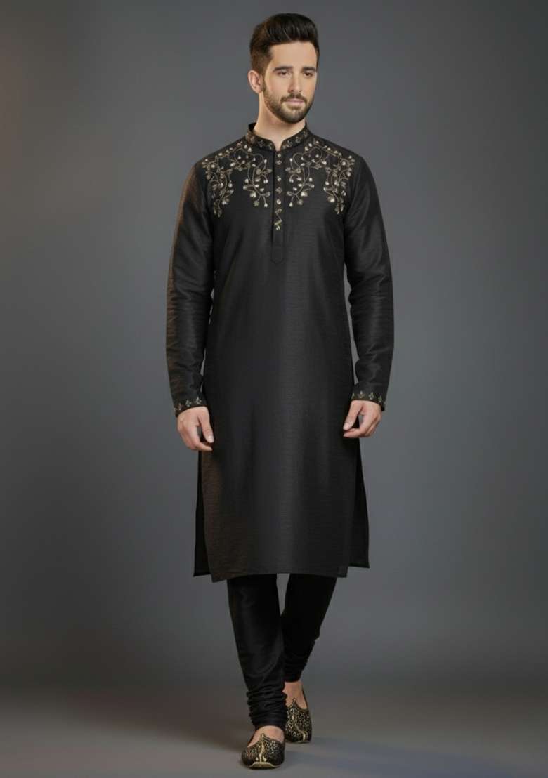 Black Embroidered Silk Blend Kurta Set For Men - Indya