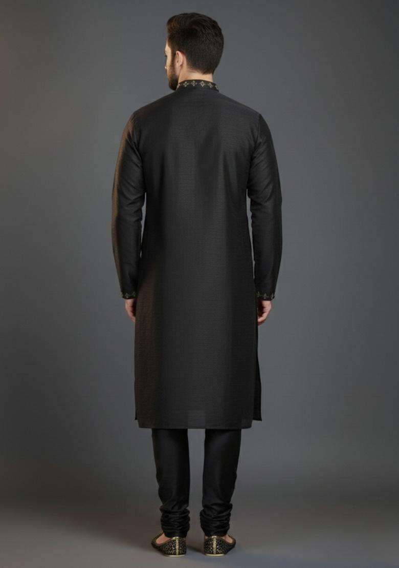 Black Embroidered Silk Kurta Set For Men - Indya