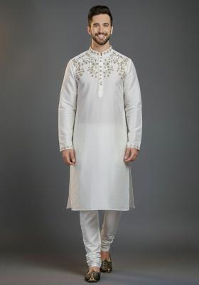 White Embroidered Silk Kurta Set For Men