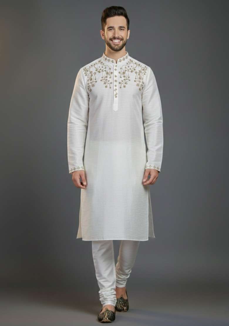 White Embroidered Silk Blend Kurta Set For Men - Indya