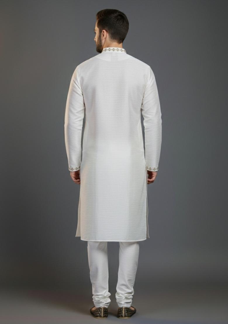 White Embroidered Silk Kurta Set For Men - Indya