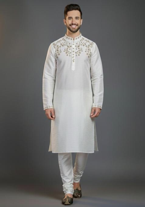 White Embroidered Silk Kurta Set For Men