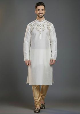 White Embroidered Silk Kurta Set For Men