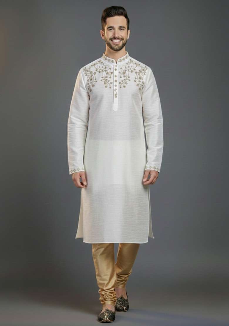 White Embroidered Silk Blend Kurta Set For Men - Indya