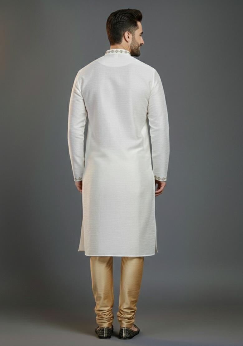 White Embroidered Silk Kurta Set For Men - Indya