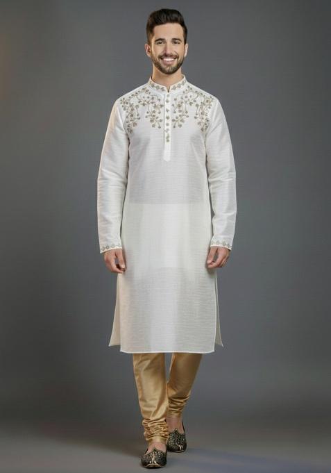White Embroidered Silk Kurta Set For Men