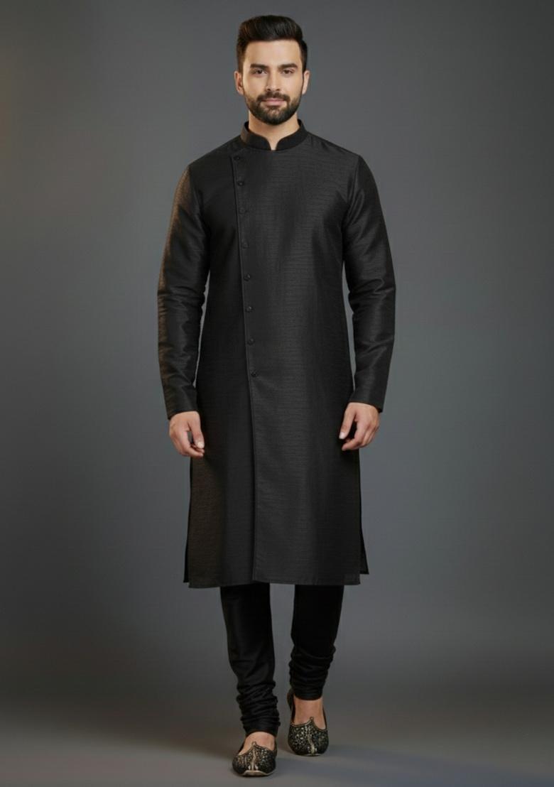 Black Embroidered Silk Kurta Set For Men - Indya
