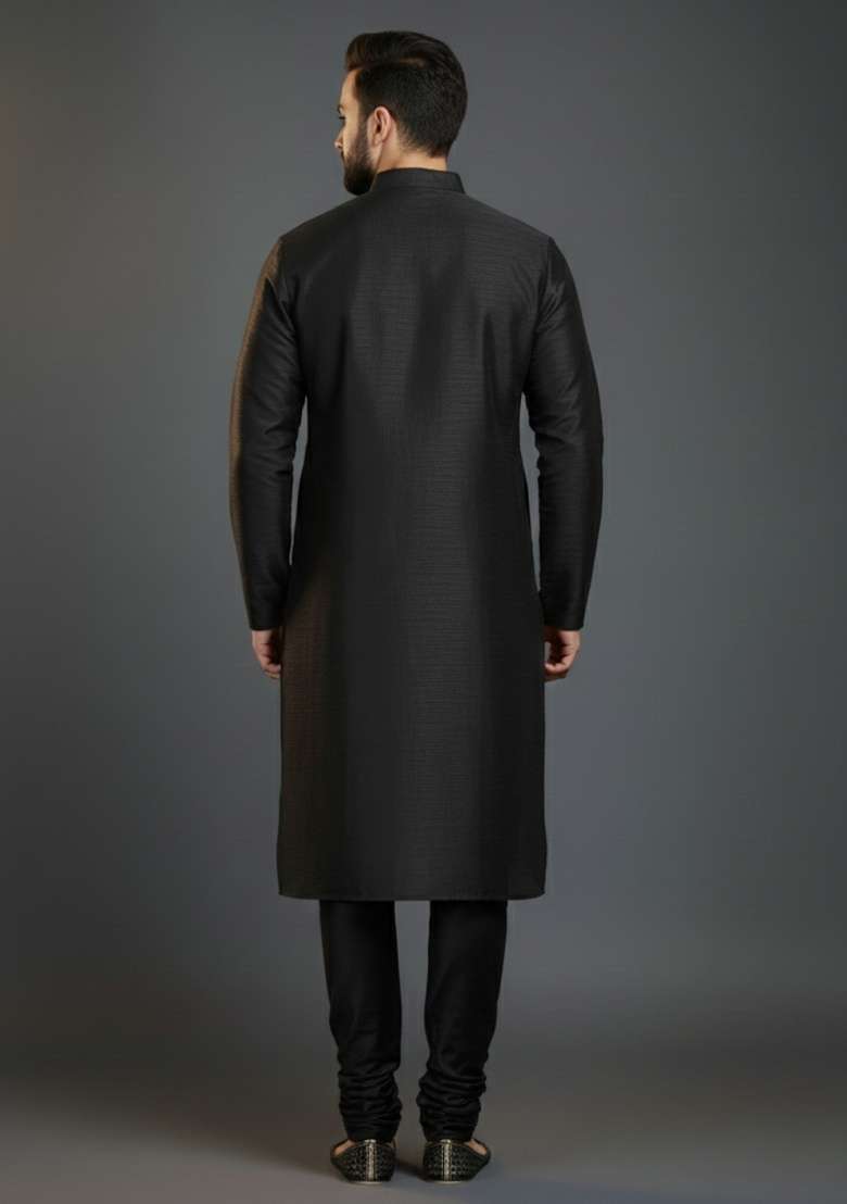 Black Embroidered Silk Blend Kurta Set For Men - Indya