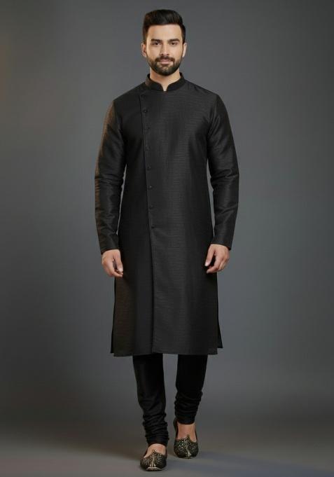 Black Embroidered Silk Kurta Set For Men
