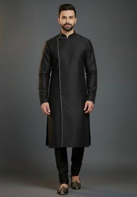 Black Embroidered Silk Kurta Set For Men
