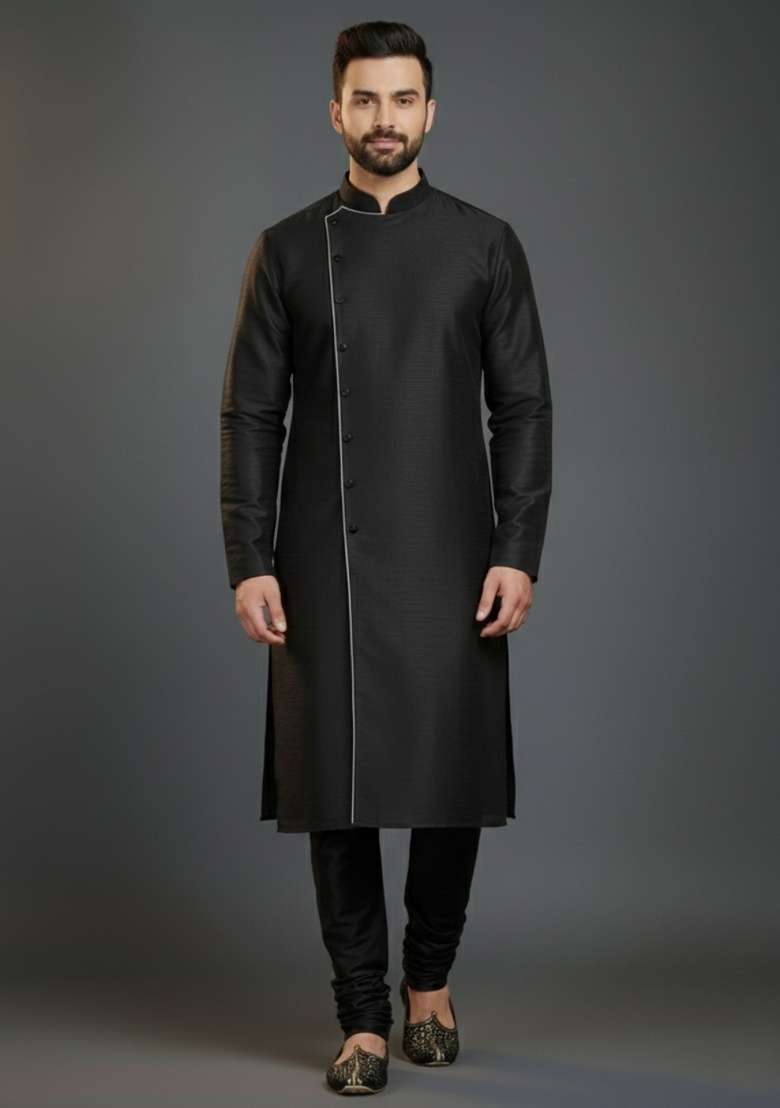 Black Embroidered Silk Blend Kurta Set For Men - Indya