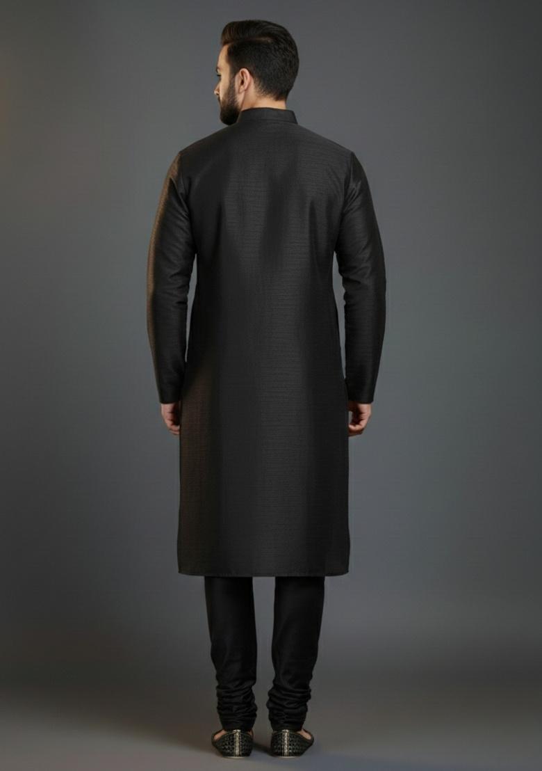 Black Embroidered Silk Kurta Set For Men - Indya
