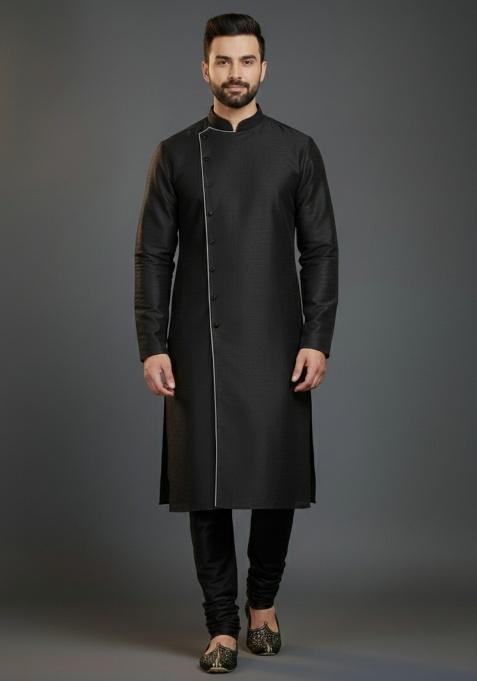Black Embroidered Silk Kurta Set For Men