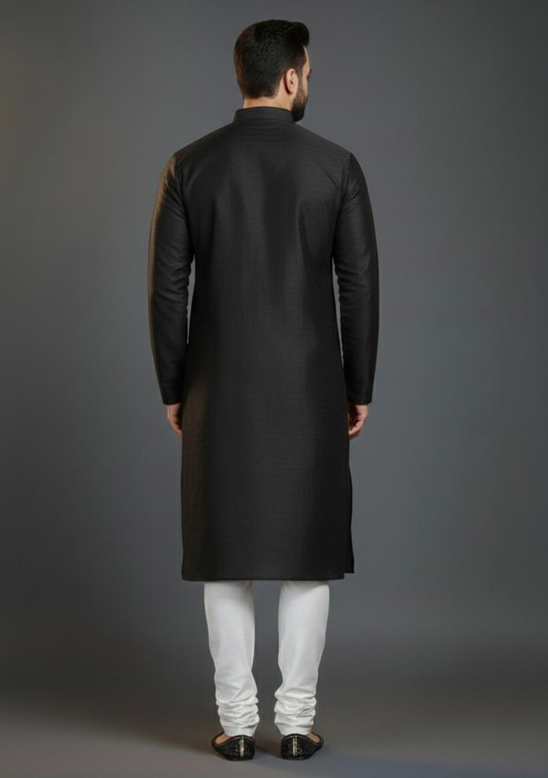 Black Embroidered Silk Kurta Set For Men - Indya