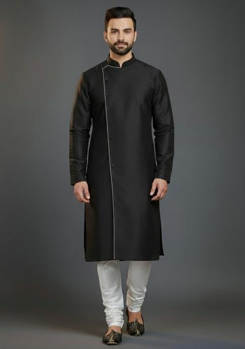 Black Embroidered Silk Kurta Set For Men