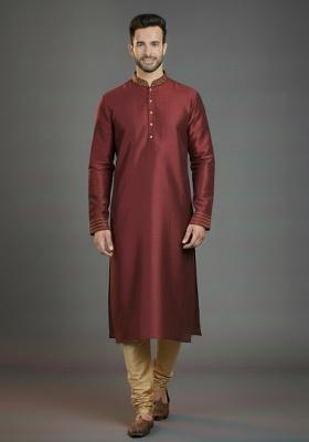 Maroon Embroidered Silk Blend Kurta Set For Men