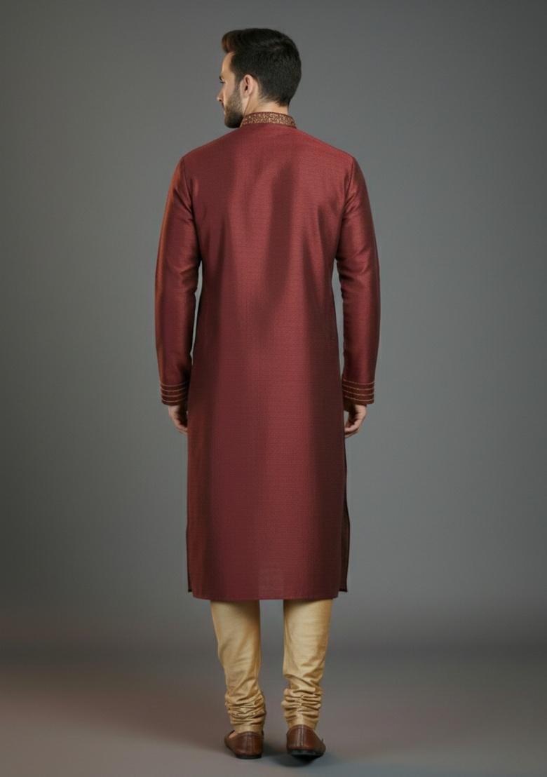 Maroon Embroidered Silk Kurta Set For Men - Indya