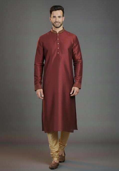 Maroon Embroidered Silk Kurta Set For Men