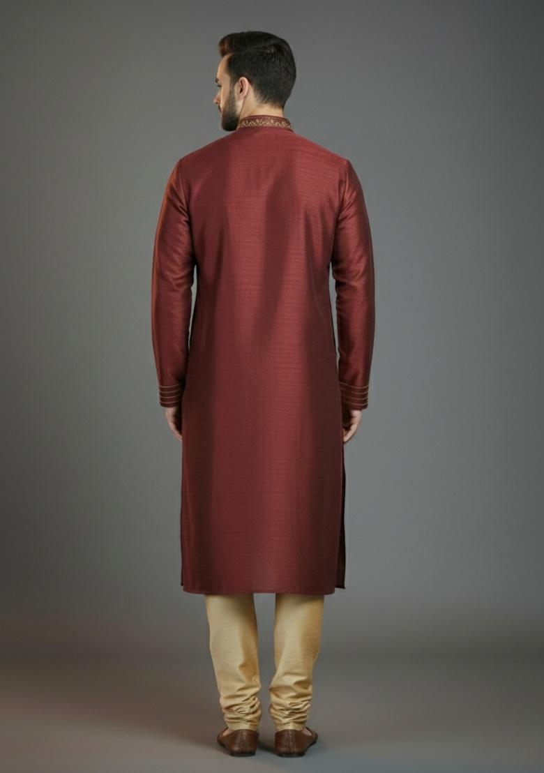 Maroon Embroidered Silk Kurta Set For Men - Indya