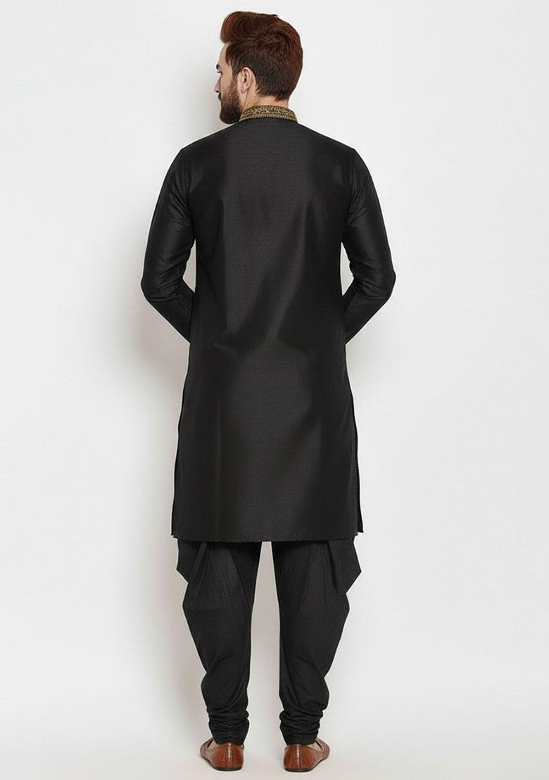 Black Embroidered Silk Kurta Set For Men - Indya