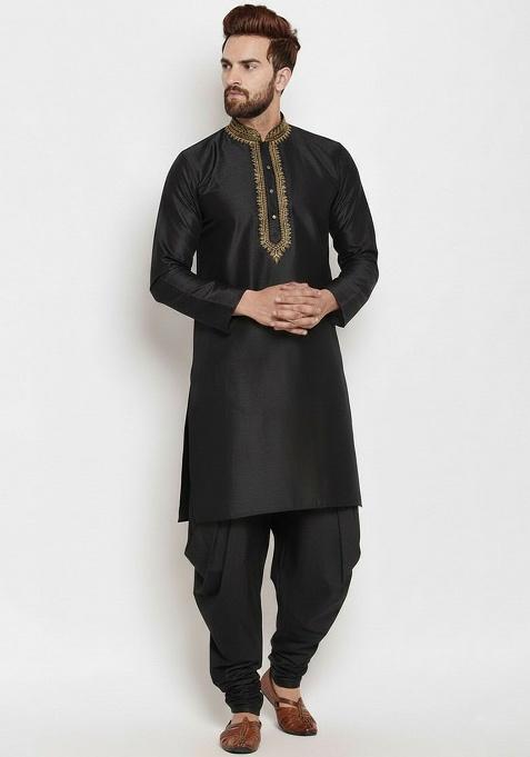 Black Embroidered Silk Kurta Set For Men